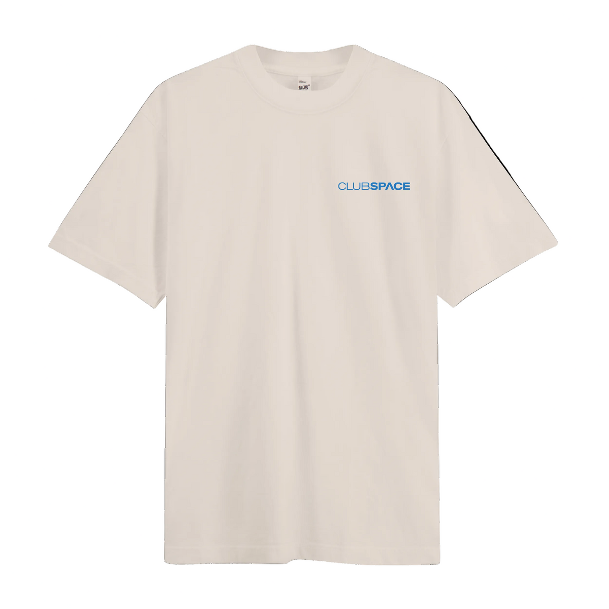 Beige t-shirt with 'CLUBSPEACE' logo on a white background